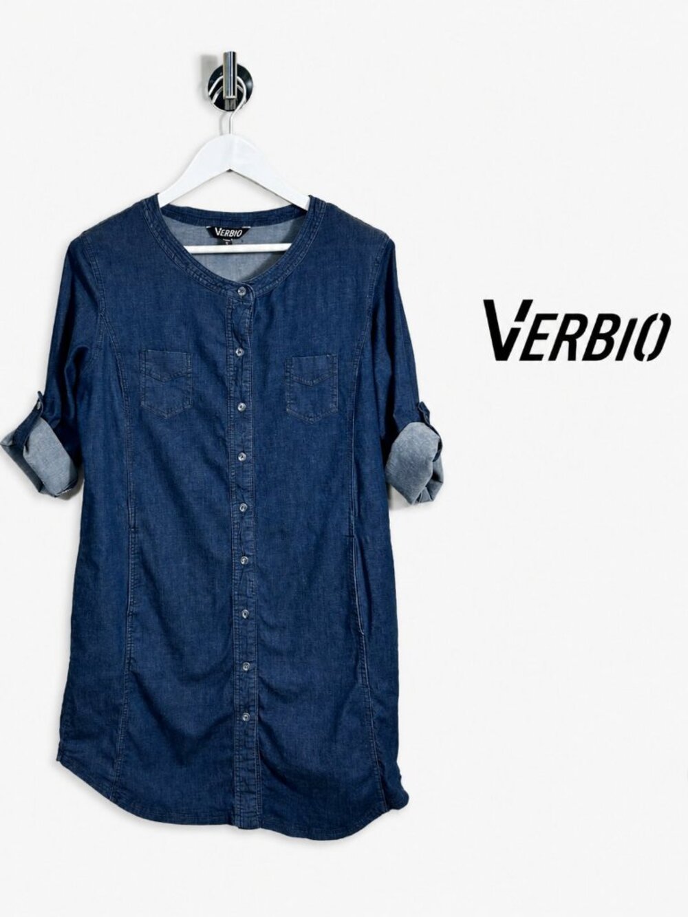 Verbio Womenâs Denim Chambray Shirt Dress Size 6/L Blue Button Front Roll Tab